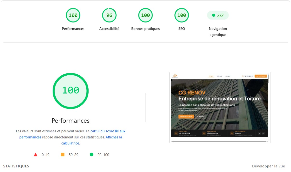 Audit PageSpeed affichant un score de performance de 100 pour un site LOGIQ